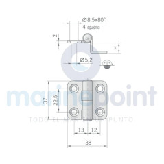 BISAGRA INOX 304, ASIMETRICA, c/EJE NORMAL, 38 x 37mm