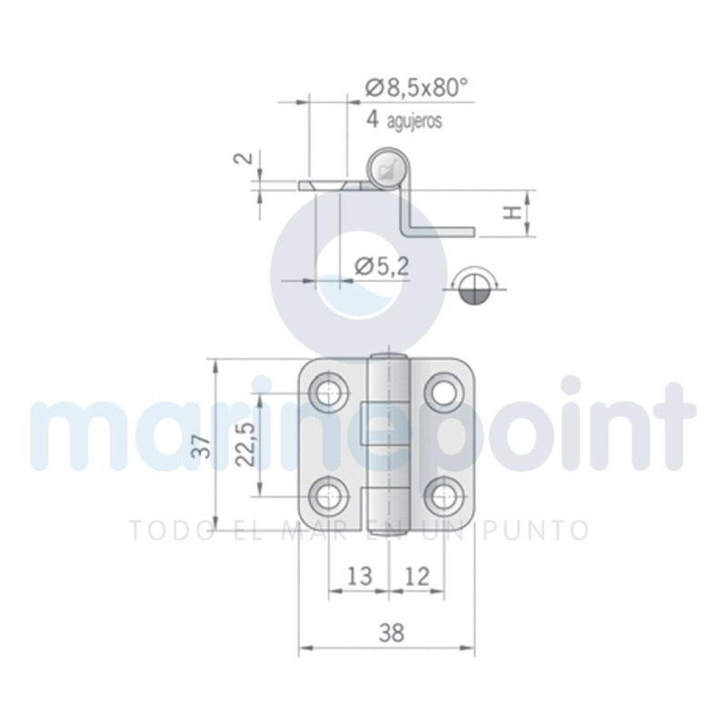 BISAGRA INOX 304, ASIMETRICA, c/EJE NORMAL, 38 x 37mm