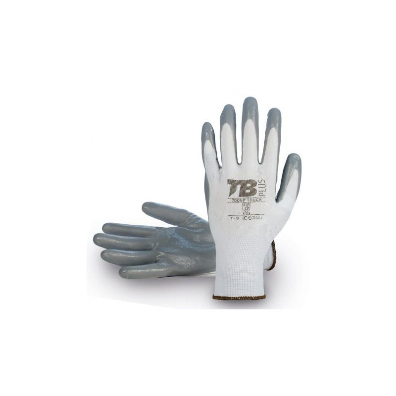 GUANTES POLIESTER BLANCO, SIN COSTURAS, RECUB.NITRILO GRIS EN PALMA, T8