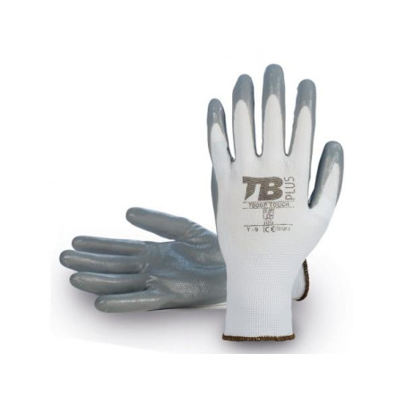 GUANTES POLIESTER BLANCO, SIN COSTURAS, RECUB.NITRILO GRIS EN PALMA, T8