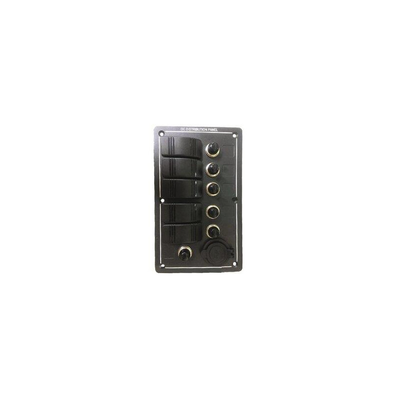 PANEL 5 INTERRUPTORES BASCULA c/LED, VERTICAL c/FUSIBLES, NEGRO, 165 x 155mm