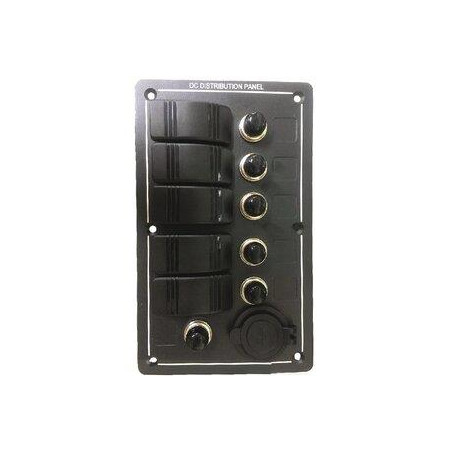 PANEL 5 INTERRUPTORES BASCULA c/LED, VERTICAL c/FUSIBLES, NEGRO, 165 x 155mm